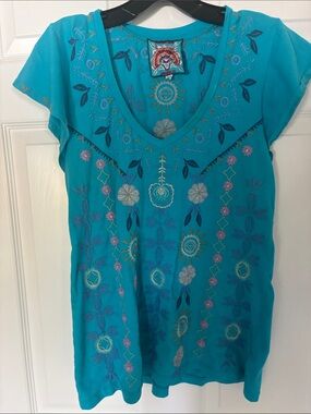 Johnny Was Turquoise Embroidered V-Neck Top